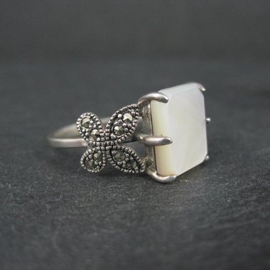 Sterling Silver Mother of Pearl and Marcasite Butterfly Ring Size 7