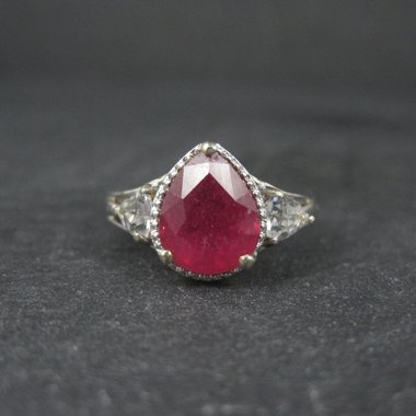 Ruby and White Topaz Ring Sterling Silver Size 5 Estate Jewelry