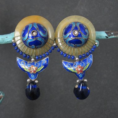 Vintage Cloisonne Enamel Jade Earrings Chinese Export French Backs