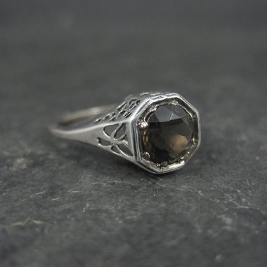 Vintage Filigree Smoky Topaz Solitaire Ring Size 7 Sterling Silver