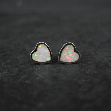 Tiny Opal Heart Earrings Vintage Sterling Silver Studs