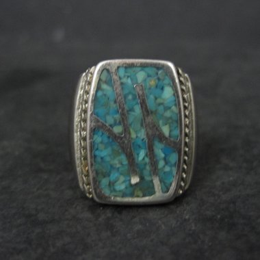 Southwestern Vintage Crushed Coral and Turquoise Inlay Ring Size 8