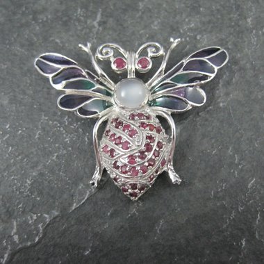 Ruby and Moonstone Bee Pendant Brooch Sterling Silver Plique-a-jour Enamel