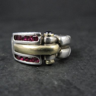 Vintage Ruby and Sapphire Ring Size 7 Sterling Silver and 18K Yellow Gold Estate Jewelry