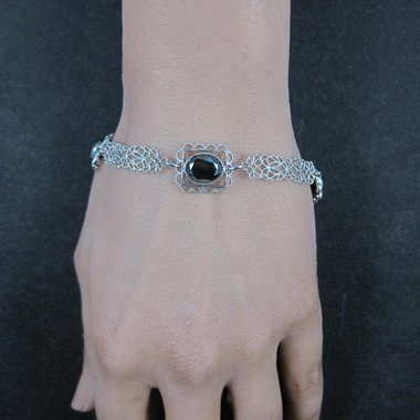 Filigree Hematite Bracelet 14K White Gold Filled 7.5 Inches