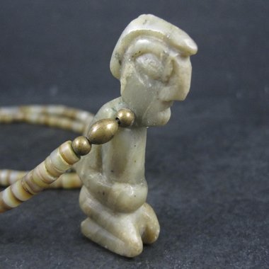 Pre Columbian Nephrite Effigy Pendant on Alabaster Bead Necklace