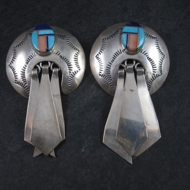 Large Southwestern Sterling Inlay Earrings Turquoise Lapis Spiny Oyster
