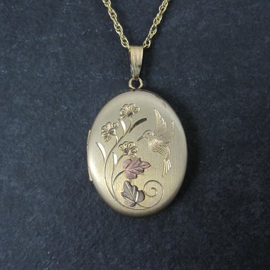 Vintage Black Hills Gold Hummingbird Locket Necklace Coleman Co NOS