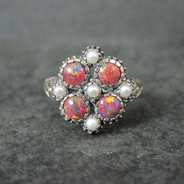 Opal and Seed Pearl Ring Size 5.5 Art Deco Style Sterling Silver