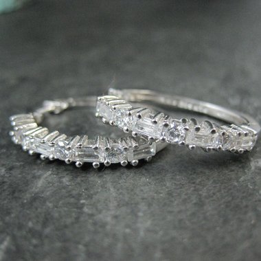 Estate Sterling Cubic Zirconia Latch Hoop Earrings