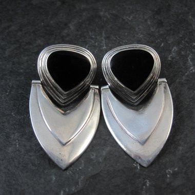 Large 1980s Onyx Earrings Sterling Silver