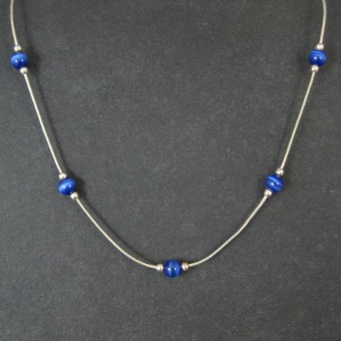1990s Sterling Silver Blue Cats Eye Bead Necklace 16"