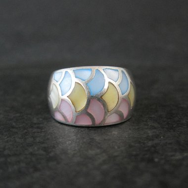 Wide Mother of Pearl Sterling Silver Band Ring Size 8 Vintage